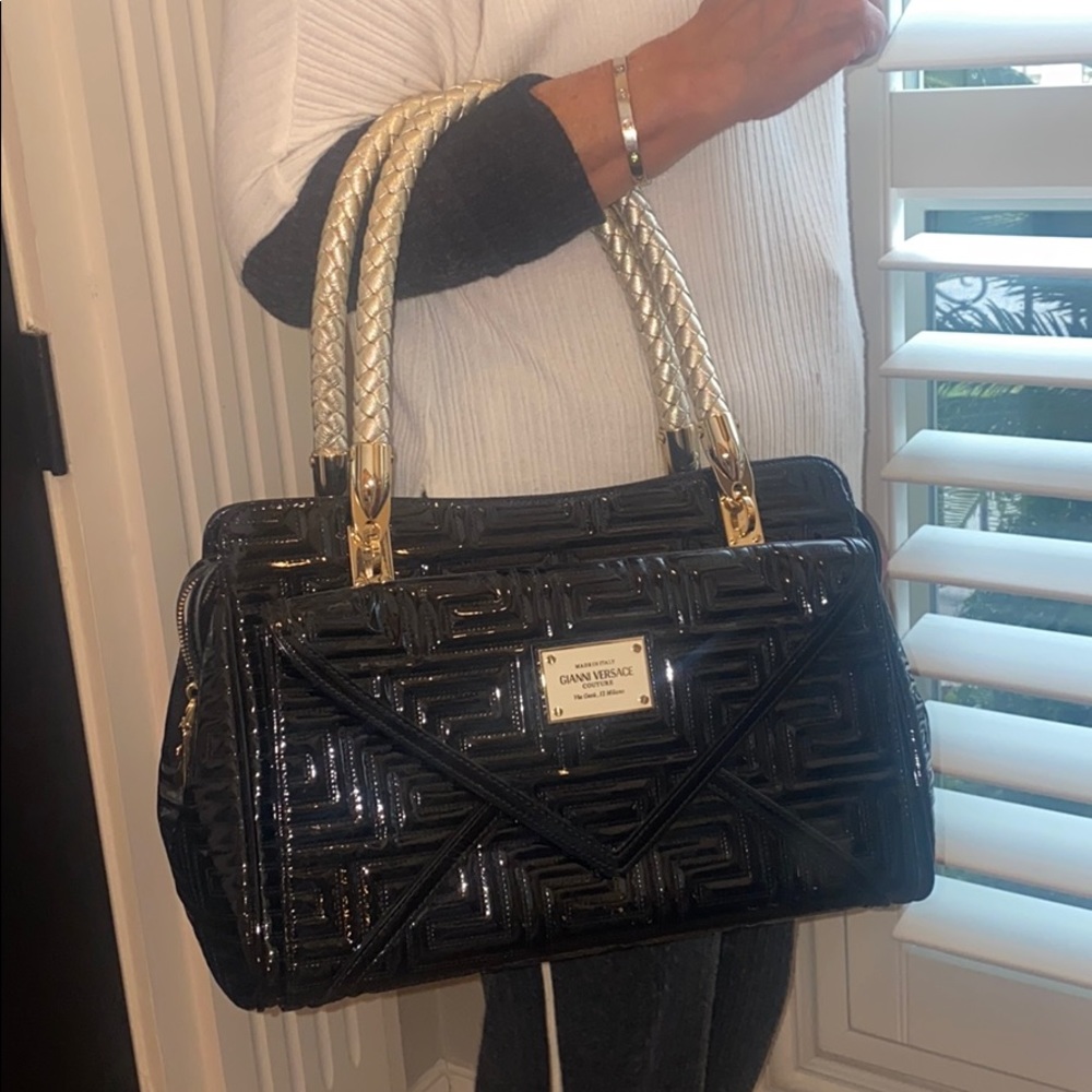 Versace Black Patent Quilted Tote with Gold Braided Handles